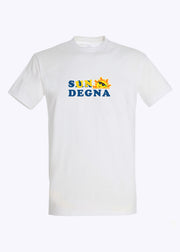 Nuova t-shirt Sardinian Miracle Logo "Sundegna" frontale stampato. souvenir della Sardegna